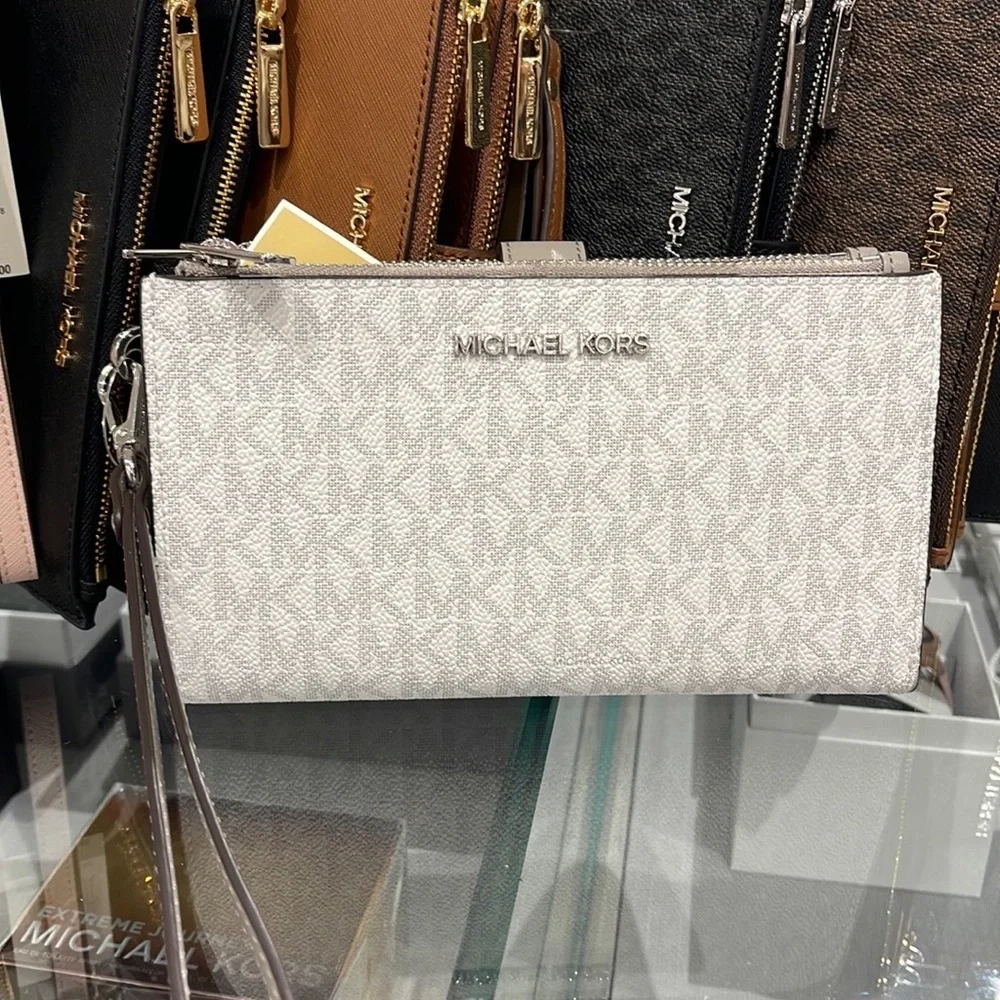 MICHAEL KORS LARGE DOUBLE ZIP WRISTLET PHONEHOLDER WALLET CLUTCH BRIGHT WHITE